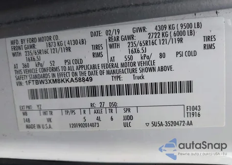 2019 Ford Transit-350 T-350 из США, поврежденный, VIN 1FTBW3XM8KKA58849